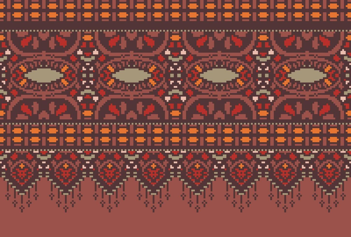 Pixel Cross Stitch Traditional Ethnic Pattern Paisley Flower Ikat Background Abstract Aztec African Indonesian Indian Seamless Pattern for Fabric Print Cloth Dress Carpet Curtains and Sarong vector