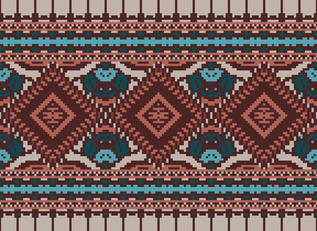 Pixel Cross Stitch Traditional Ethnic Pattern Paisley Flower Ikat Background Abstract Aztec African Indonesian Indian Seamless Pattern for Fabric Print Cloth Dress Carpet Curtains and Sarong vector
