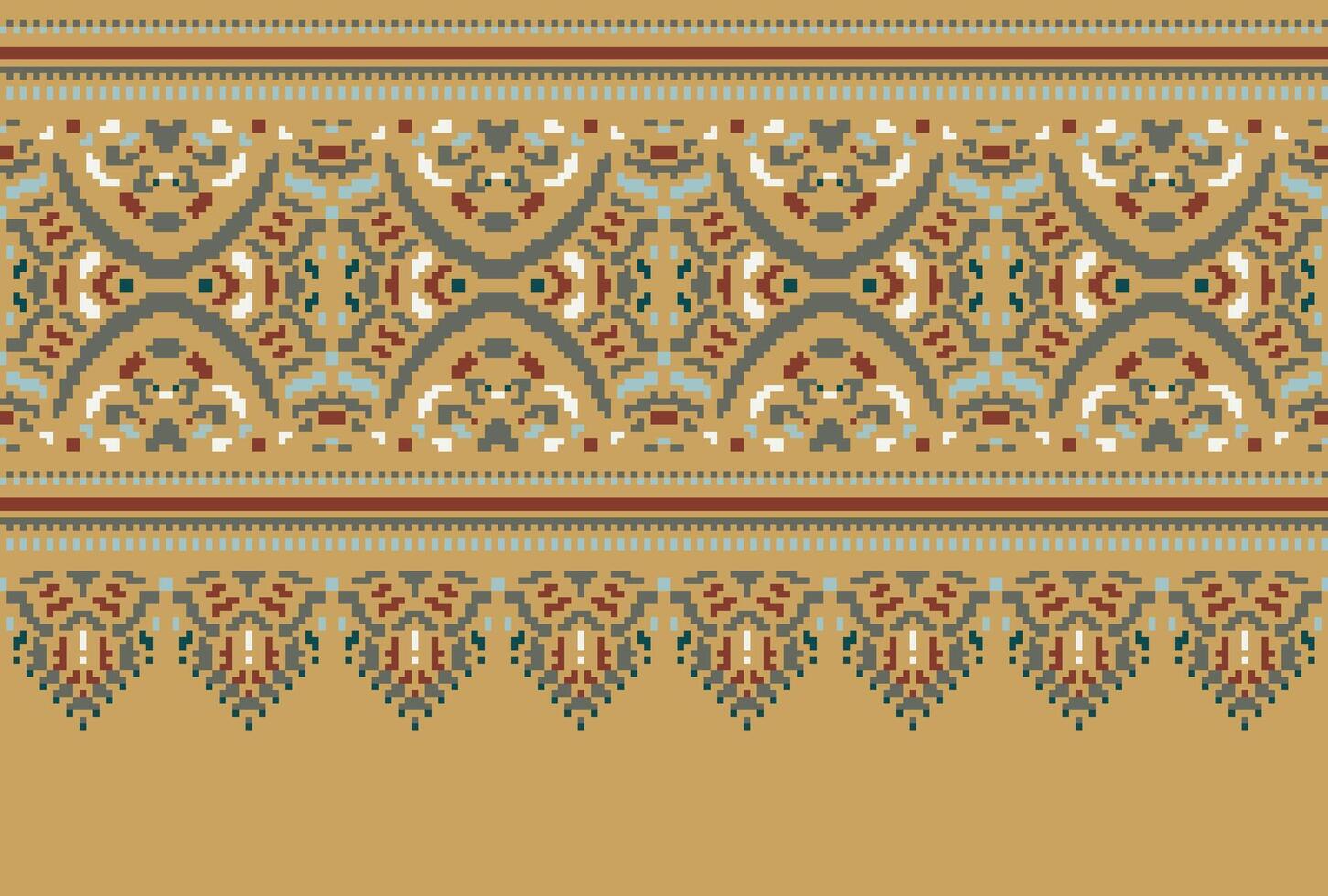 Cross Stitch pattern with Floral Designs. Traditional cross stitch needlework. Geometric Ethnic pattern, Embroidery, Textile ornamentation, fabric, Hand stitched pattern, Cultural stitching pixel art. vector