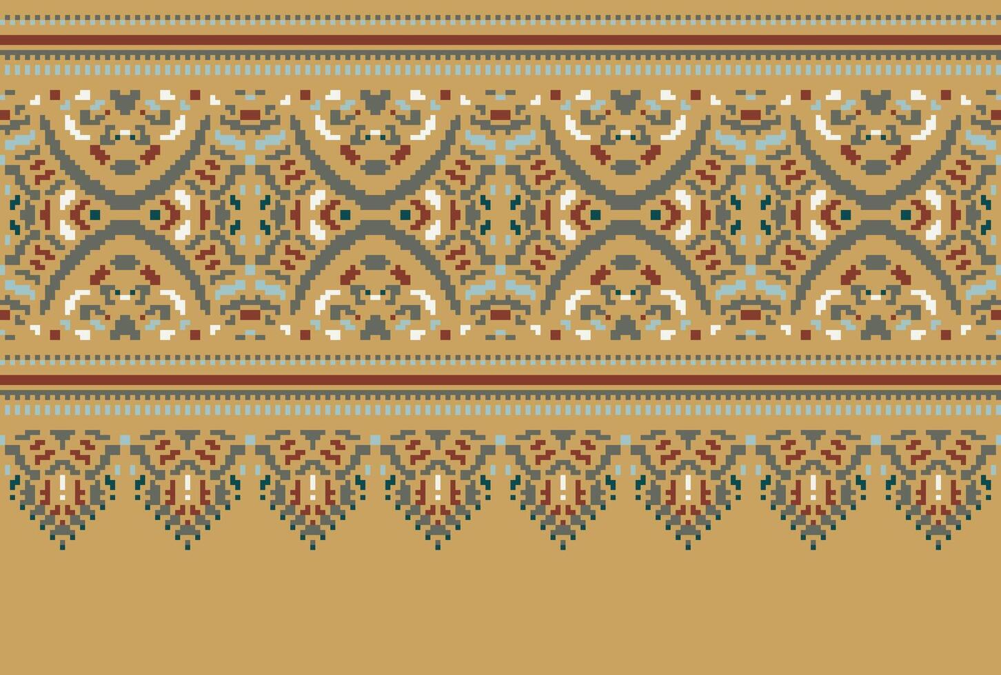 Cross Stitch pattern with Floral Designs. Traditional cross stitch needlework. Geometric Ethnic pattern, Embroidery, Textile ornamentation, fabric, Hand stitched pattern, Cultural stitching pixel art. vector