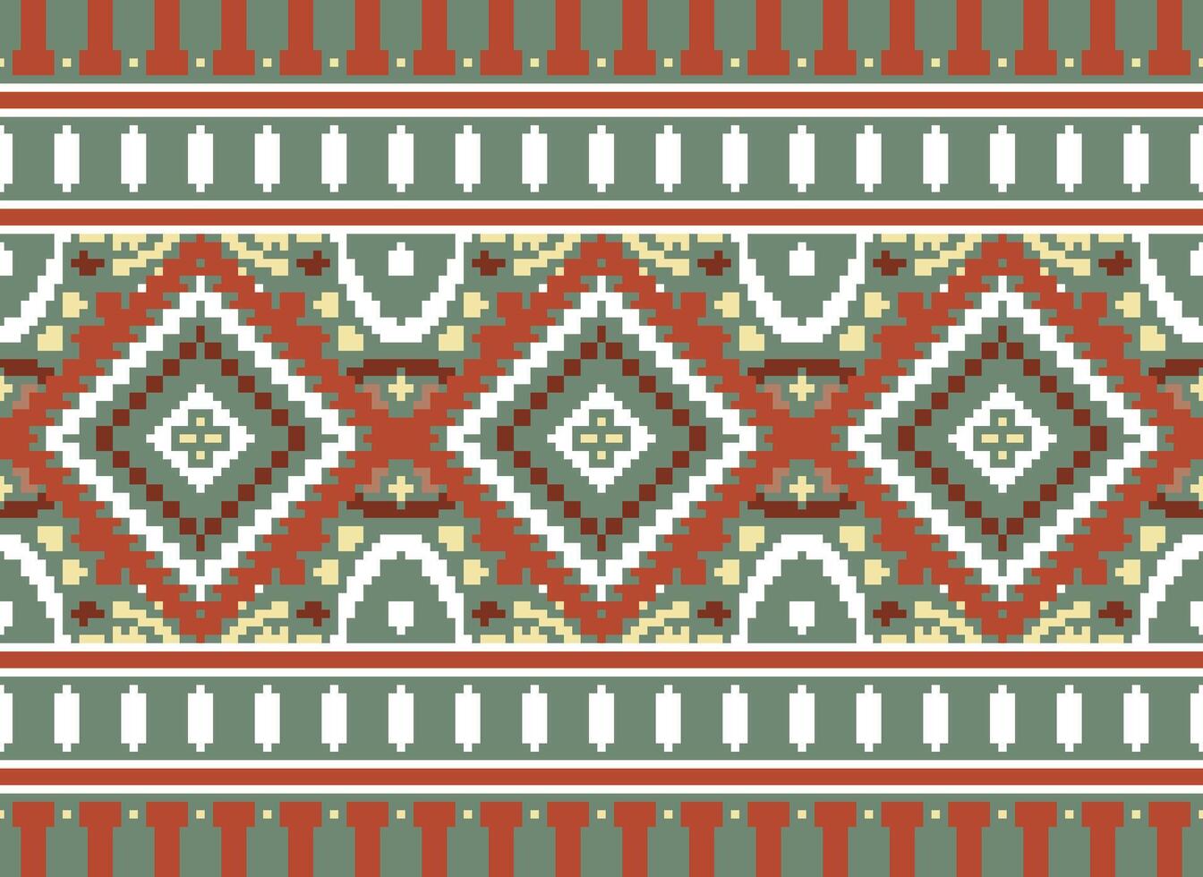 Pixel Cross Stitch Traditional Ethnic Pattern Paisley Flower Ikat Background Abstract Aztec African Indonesian Indian Seamless Pattern for Fabric Print Cloth Dress Carpet Curtains and Sarong vector