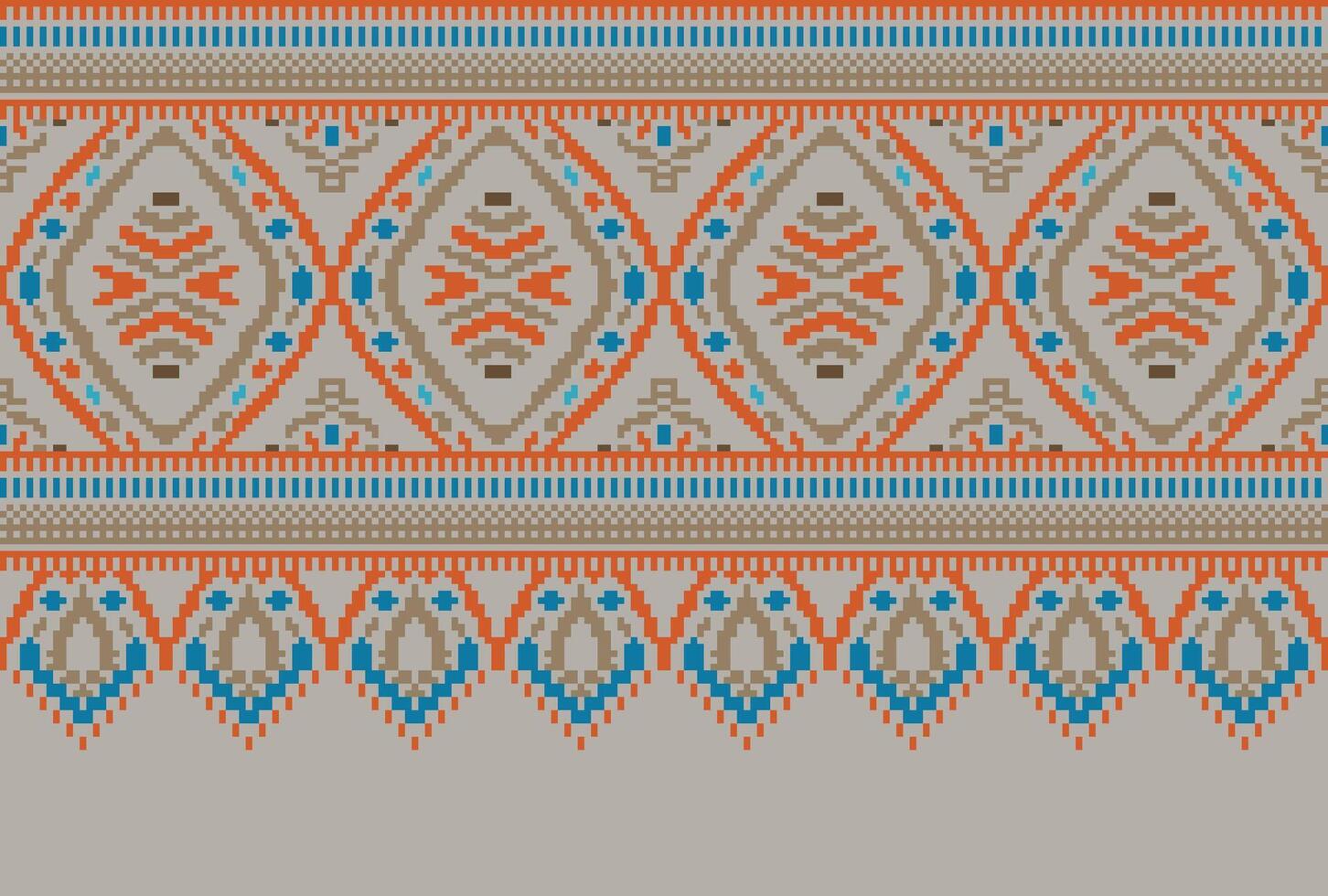 Cross Stitch pattern with Floral Designs. Traditional cross stitch needlework. Geometric Ethnic pattern, Embroidery, Textile ornamentation, fabric, Hand stitched pattern, Cultural stitching pixel art. vector