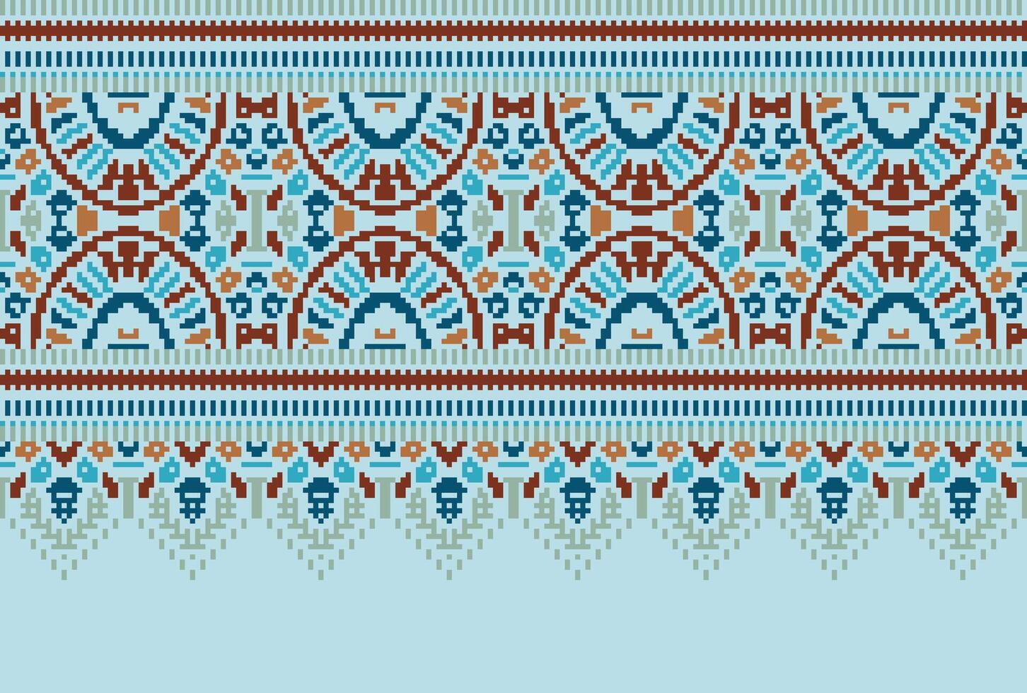 Cross Stitch pattern with Floral Designs. Traditional cross stitch needlework. Geometric Ethnic pattern, Embroidery, Textile ornamentation, fabric, Hand stitched pattern, Cultural stitching pixel art. vector