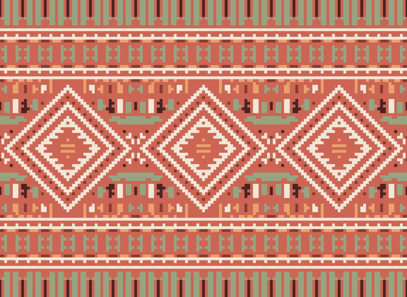 Pixel Cross Stitch Traditional Ethnic Pattern Paisley Flower Ikat Background Abstract Aztec African Indonesian Indian Seamless Pattern for Fabric Print Cloth Dress Carpet Curtains and Sarong vector