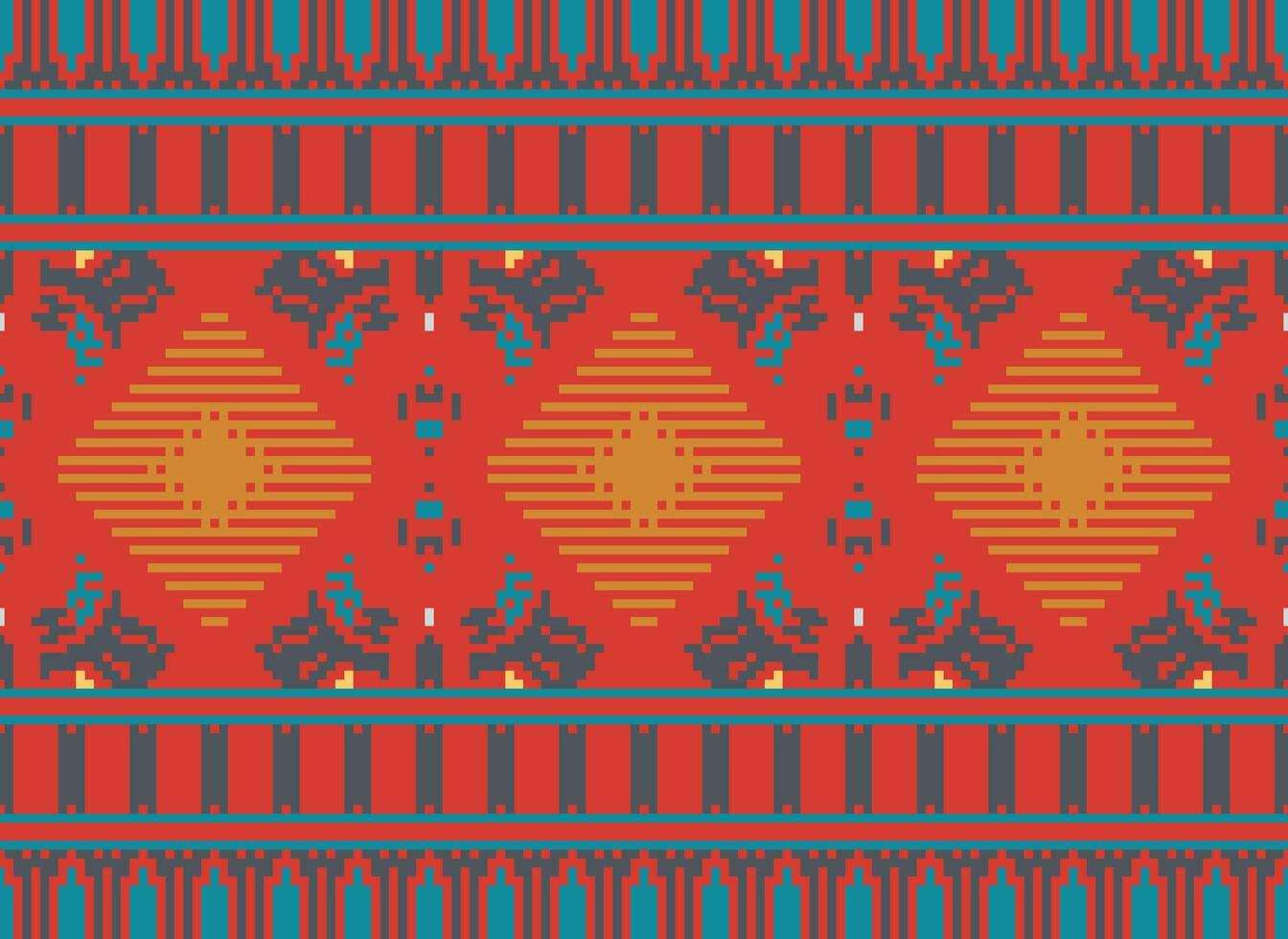 Pixel Cross Stitch Traditional Ethnic Pattern Paisley Flower Ikat Background Abstract Aztec African Indonesian Indian Seamless Pattern for Fabric Print Cloth Dress Carpet Curtains and Sarong vector