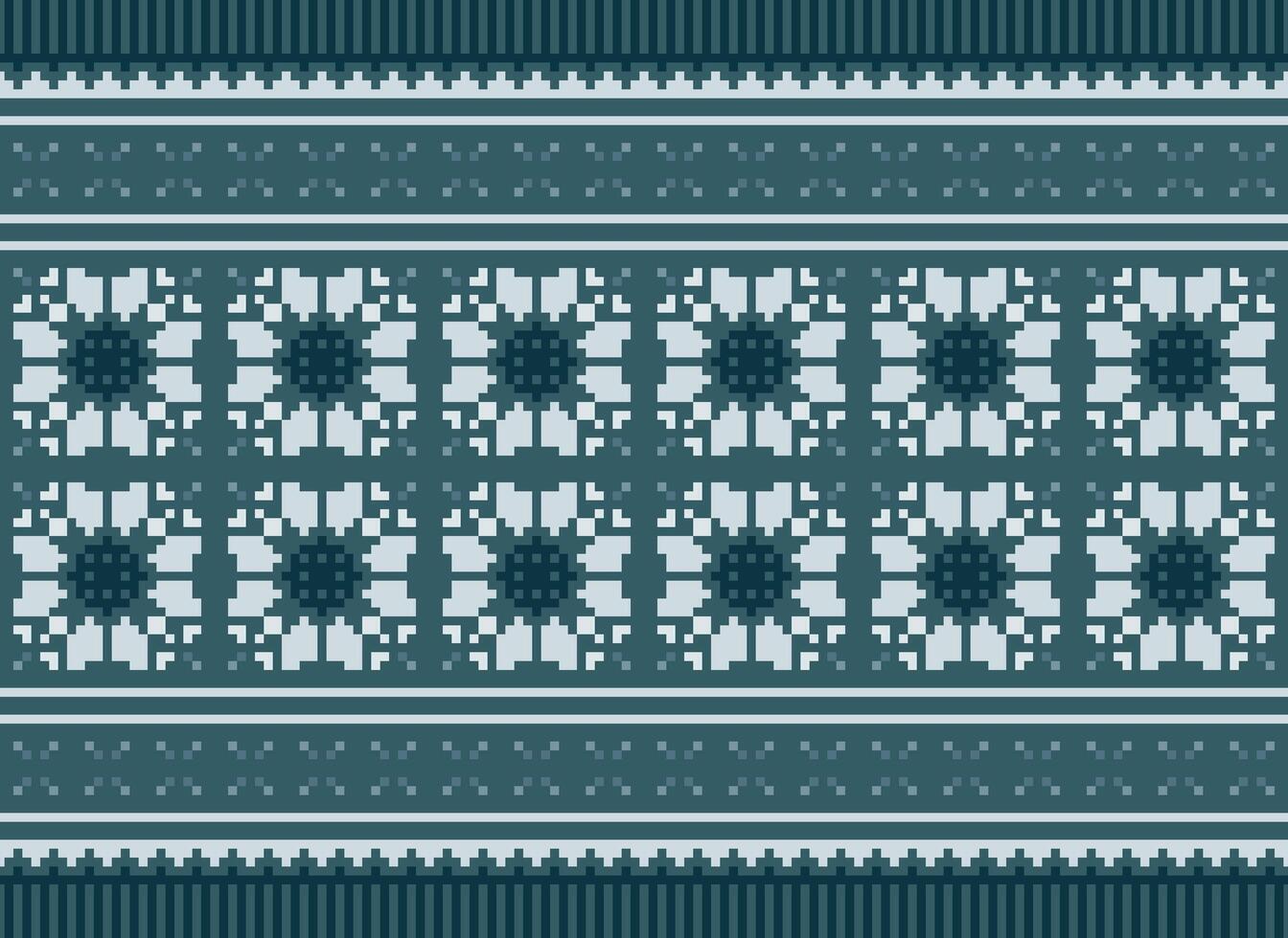 Pixel Cross Stitch Traditional Ethnic Pattern Paisley Flower Ikat Background Abstract Aztec African Indonesian Indian Seamless Pattern for Fabric Print Cloth Dress Carpet Curtains and Sarong vector