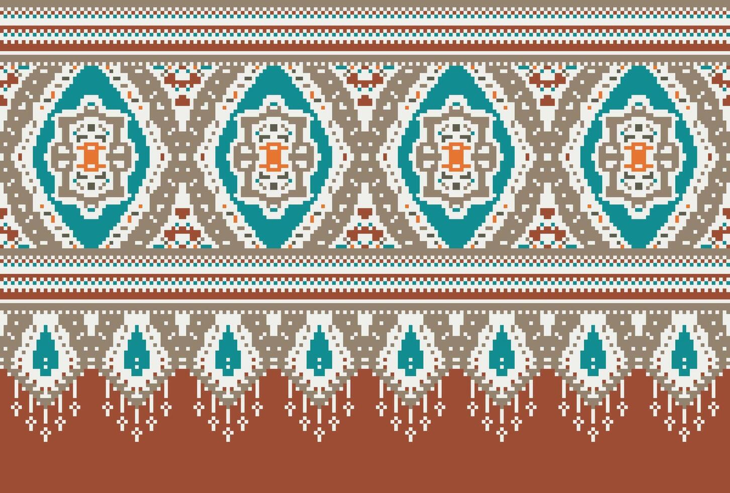 Pixel Cross Stitch Traditional Ethnic Pattern Paisley Flower Ikat Background Abstract Aztec African Indonesian Indian Seamless Pattern for Fabric Print Cloth Dress Carpet Curtains and Sarong vector