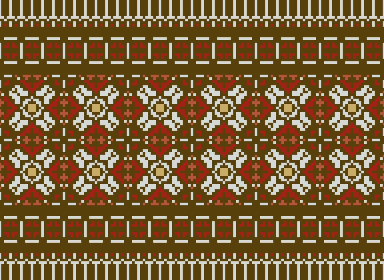 Pixel Cross Stitch pattern with Floral Designs. Traditional cross stitch needlework. Geometric Ethnic pattern, Embroidery, Textile ornamentation, fabric, Hand stitched pattern, Cultural stitching vector
