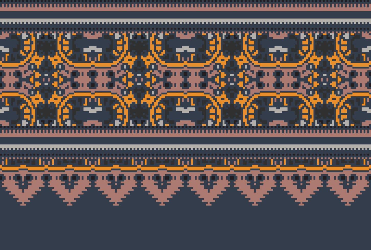 Pixel Cross Stitch pattern with Floral Designs. Traditional cross stitch needlework. Geometric Ethnic pattern, Embroidery, Textile ornamentation, fabric, Hand stitched pattern, Cultural stitching vector