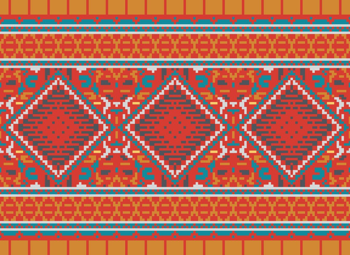 Pixel Cross Stitch Traditional Ethnic Pattern Paisley Flower Ikat Background Abstract Aztec African Indonesian Indian Seamless Pattern for Fabric Print Cloth Dress Carpet Curtains and Sarong vector