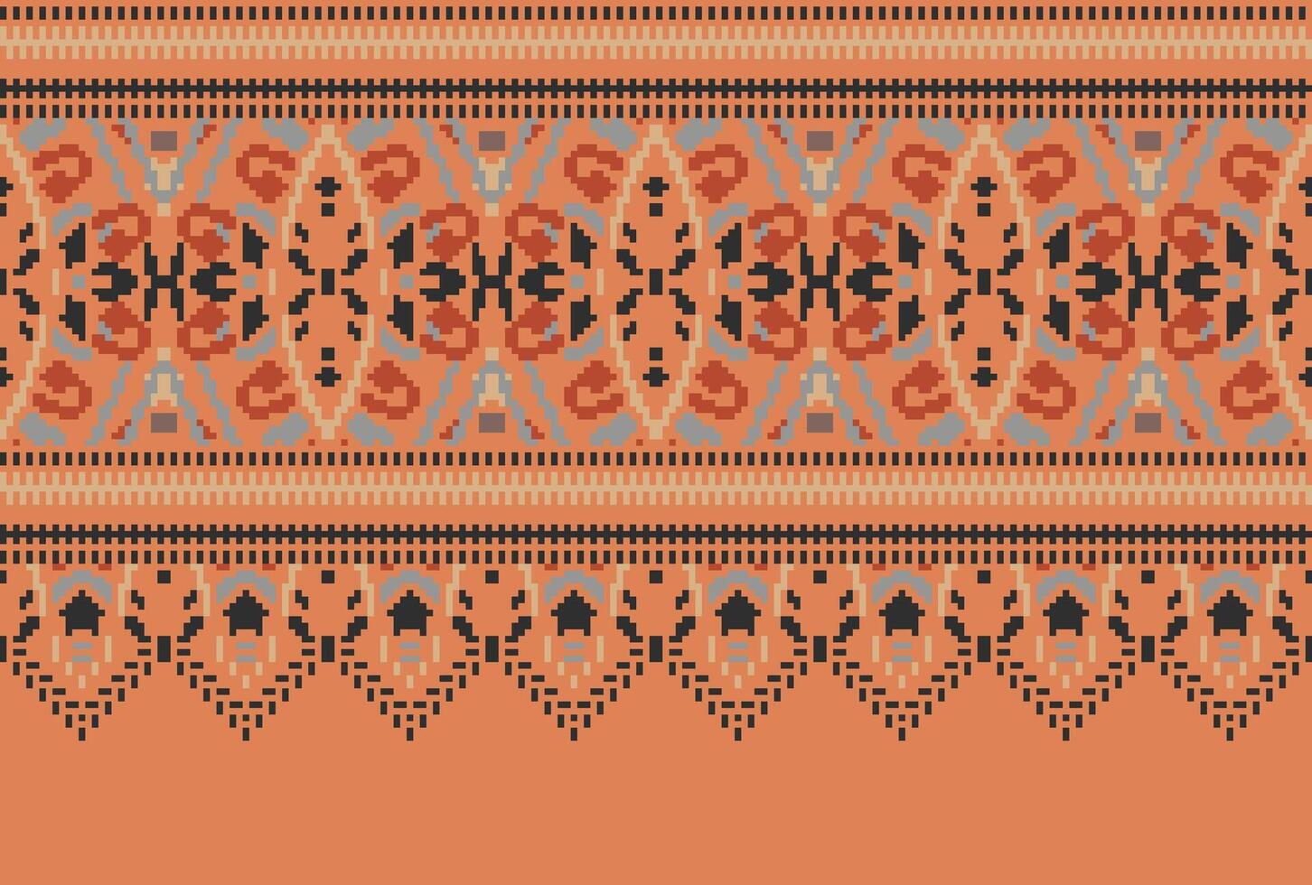 Pixel Cross Stitch pattern with Floral Designs. Traditional cross stitch needlework. Geometric Ethnic pattern, Embroidery, Textile ornamentation, fabric, Hand stitched pattern, Cultural stitching vector