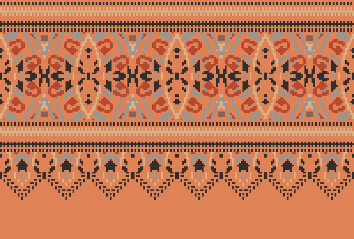 Pixel Cross Stitch pattern with Floral Designs. Traditional cross stitch needlework. Geometric Ethnic pattern, Embroidery, Textile ornamentation, fabric, Hand stitched pattern, Cultural stitching vector