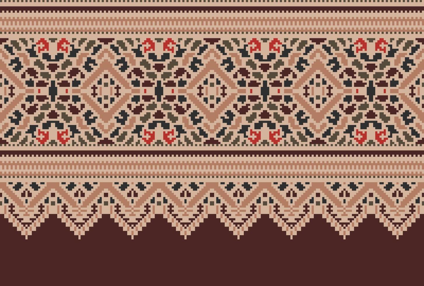 Pixel Cross Stitch pattern with Floral Designs. Traditional cross stitch needlework. Geometric Ethnic pattern, Embroidery, Textile ornamentation, fabric, Hand stitched pattern, Cultural stitching vector