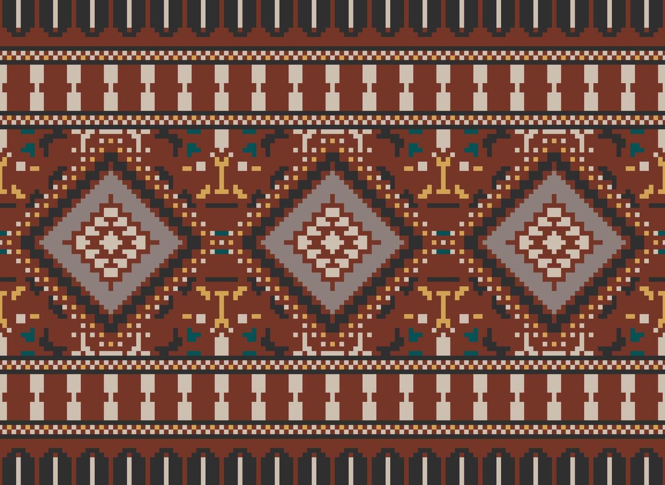 Pixel Cross Stitch Traditional Ethnic Pattern Paisley Flower Ikat Background Abstract Aztec African Indonesian Indian Seamless Pattern for Fabric Print Cloth Dress Carpet Curtains and Sarong vector