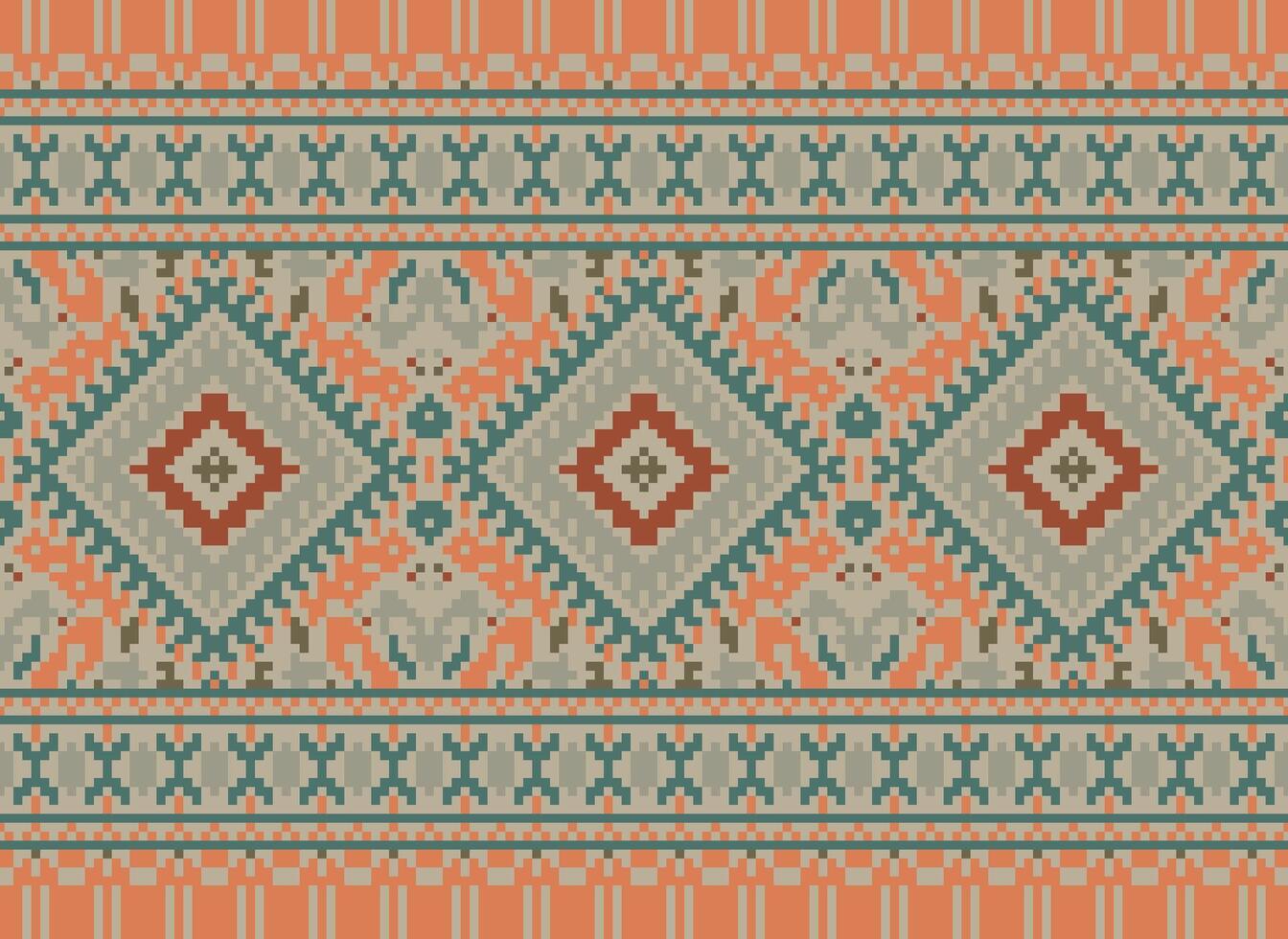 Pixel Cross Stitch Traditional Ethnic Pattern Paisley Flower Ikat Background Abstract Aztec African Indonesian Indian Seamless Pattern for Fabric Print Cloth Dress Carpet Curtains and Sarong vector