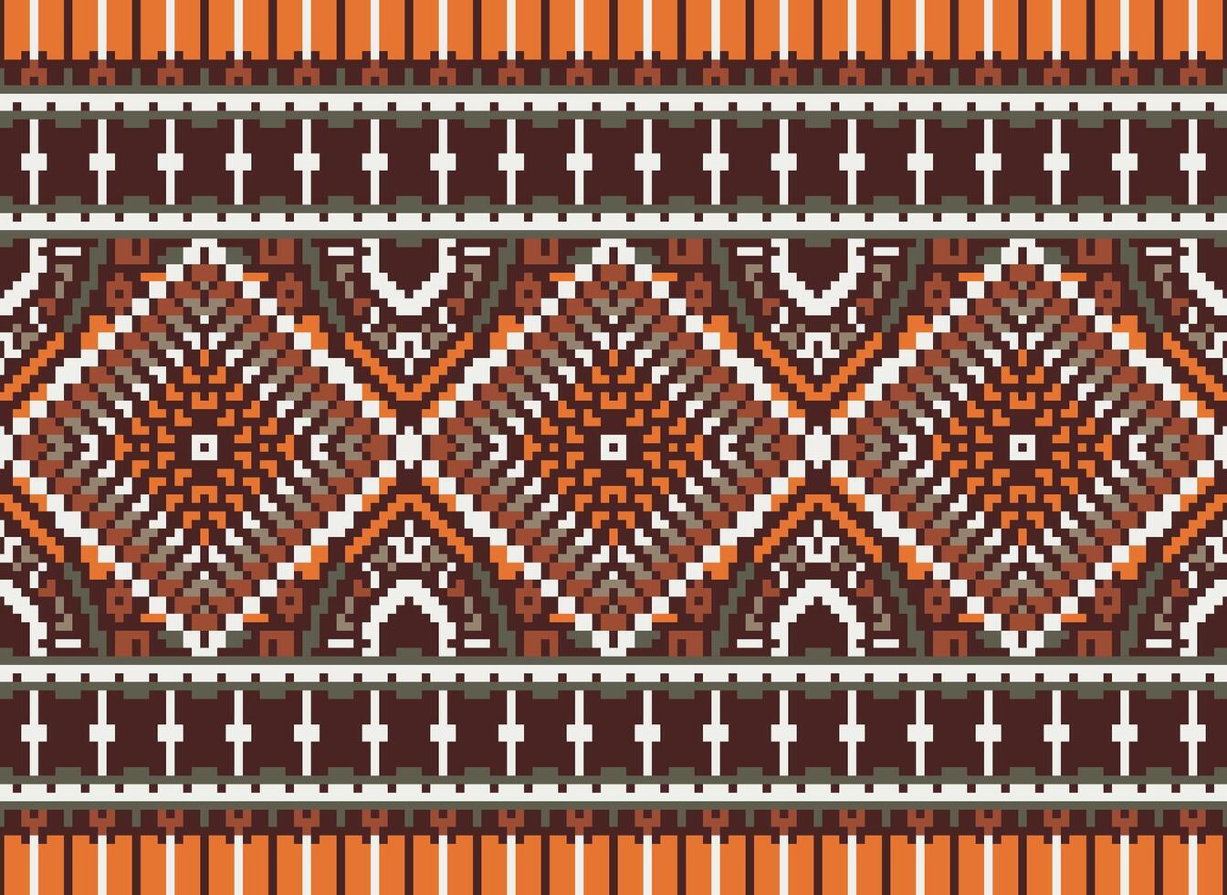 Pixel Cross Stitch Traditional Ethnic Pattern Paisley Flower Ikat Background Abstract Aztec African Indonesian Indian Seamless Pattern for Fabric Print Cloth Dress Carpet Curtains and Sarong vector