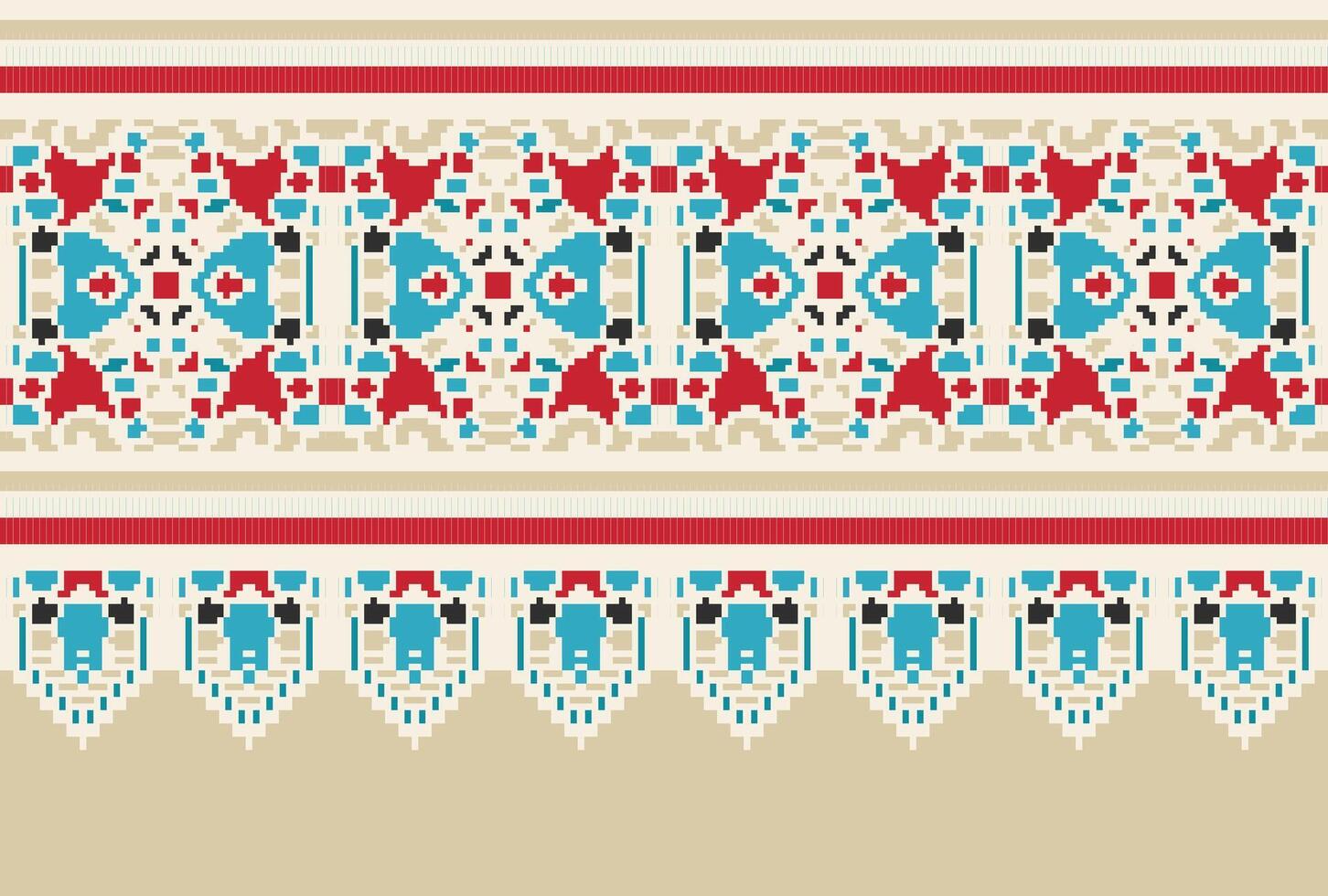 Pixel Cross Stitch pattern with Floral Designs. Traditional cross stitch needlework. Geometric Ethnic pattern, Embroidery, Textile ornamentation, fabric, Hand stitched pattern, Cultural stitching vector