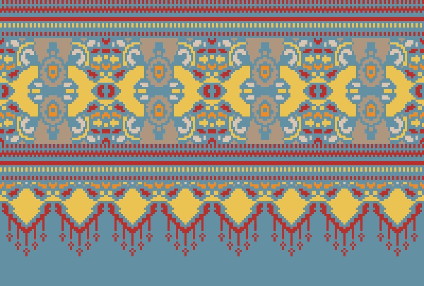 Pixel Cross Stitch Traditional Ethnic Pattern Paisley Flower Ikat Background Abstract Aztec African Indonesian Indian Seamless Pattern for Fabric Print Cloth Dress Carpet Curtains and Sarong vector