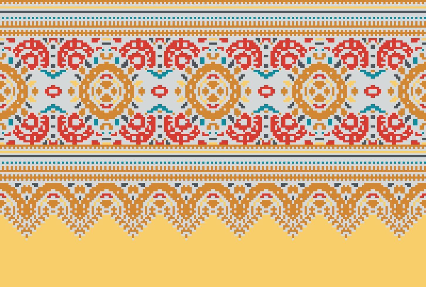 Cross Stitch pattern with Floral Designs. Traditional cross stitch needlework. Geometric Ethnic pattern, Embroidery, Textile ornamentation, fabric, Hand stitched pattern, Cultural stitching pixel art. vector