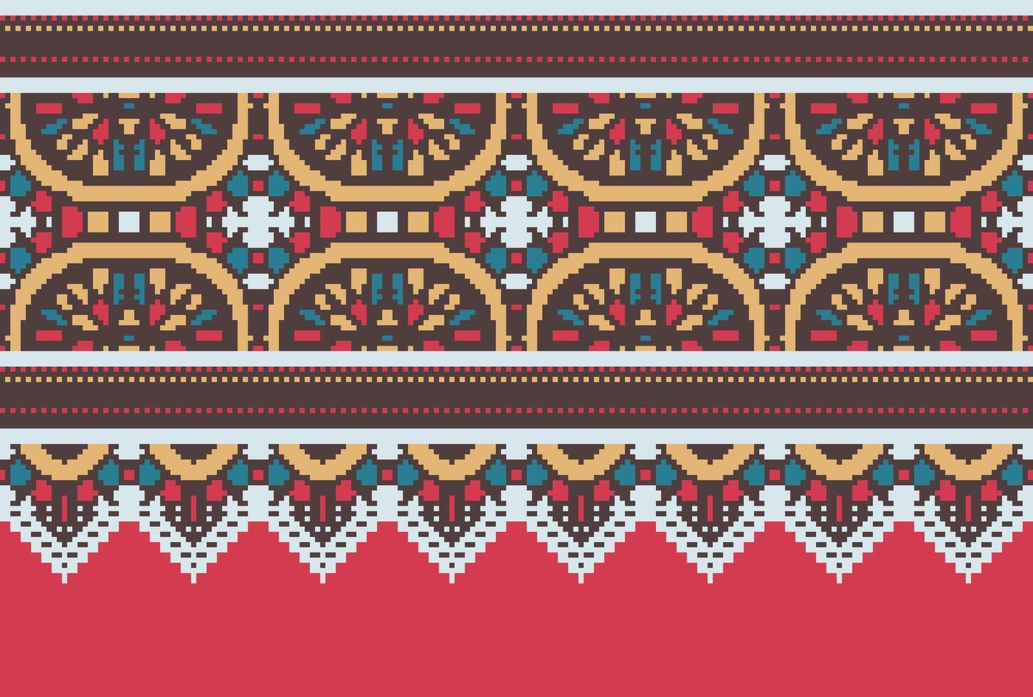 Cross Stitch pattern with Floral Designs. Traditional cross stitch needlework. Geometric Ethnic pattern, Embroidery, Textile ornamentation, fabric, Hand stitched pattern, Cultural stitching pixel art. vector