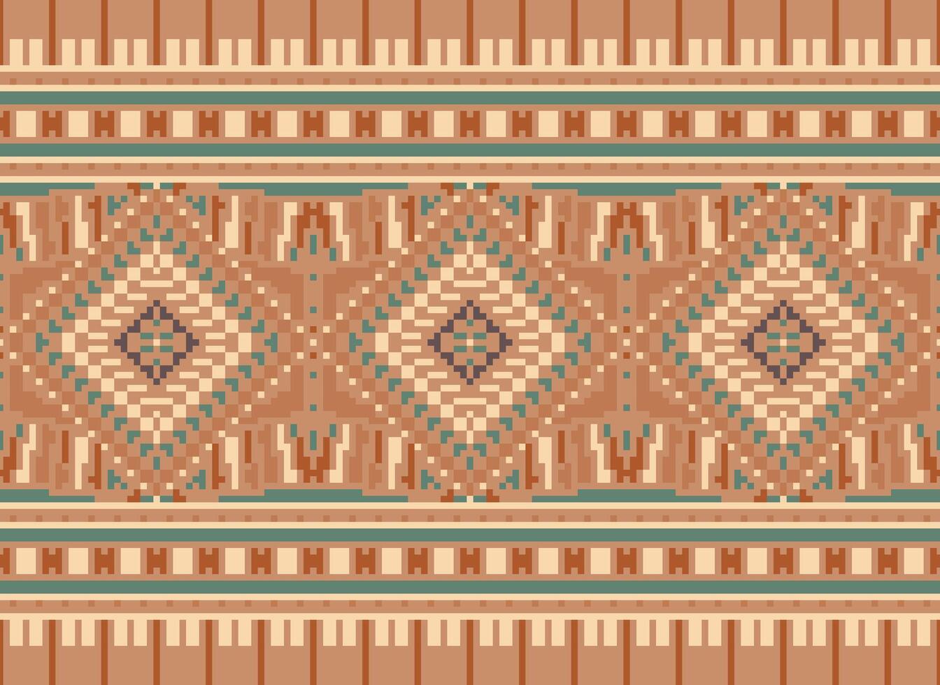 Pixel Cross Stitch Traditional Ethnic Pattern Paisley Flower Ikat Background Abstract Aztec African Indonesian Indian Seamless Pattern for Fabric Print Cloth Dress Carpet Curtains and Sarong vector