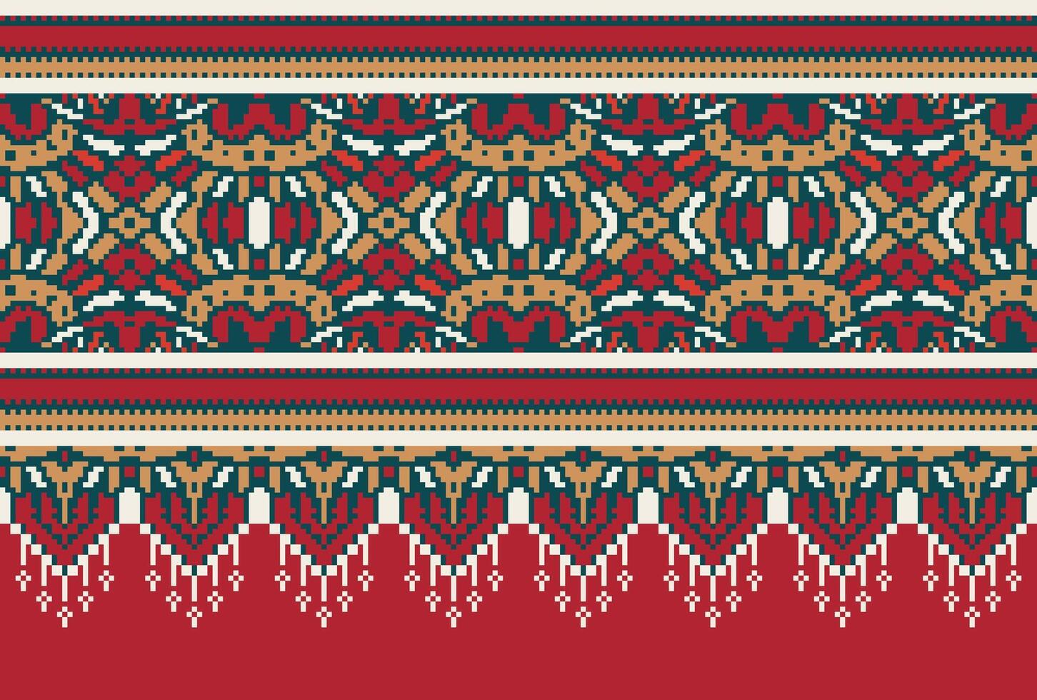 Pixel Cross Stitch Traditional Ethnic Pattern Paisley Flower Ikat Background Abstract Aztec African Indonesian Indian Seamless Pattern for Fabric Print Cloth Dress Carpet Curtains and Sarong vector