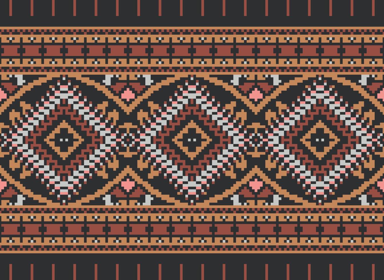 Pixel Cross Stitch Traditional Ethnic Pattern Paisley Flower Ikat Background Abstract Aztec African Indonesian Indian Seamless Pattern for Fabric Print Cloth Dress Carpet Curtains and Sarong vector
