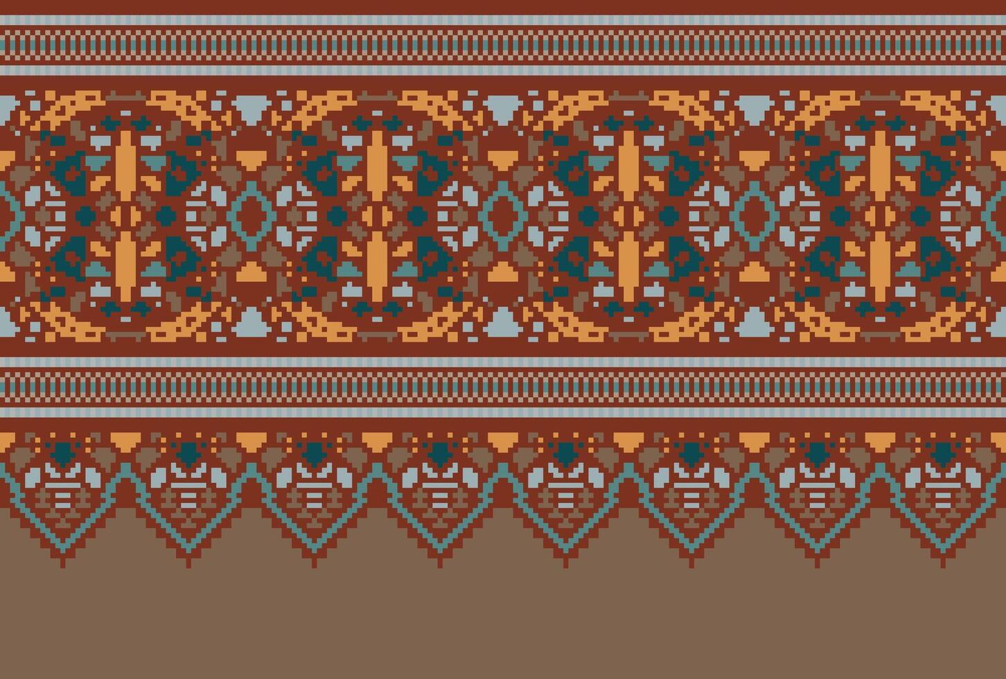 Pixel Cross Stitch Traditional Ethnic Pattern Paisley Flower Ikat Background Abstract Aztec African Indonesian Indian Seamless Pattern for Fabric Print Cloth Dress Carpet Curtains and Sarong vector