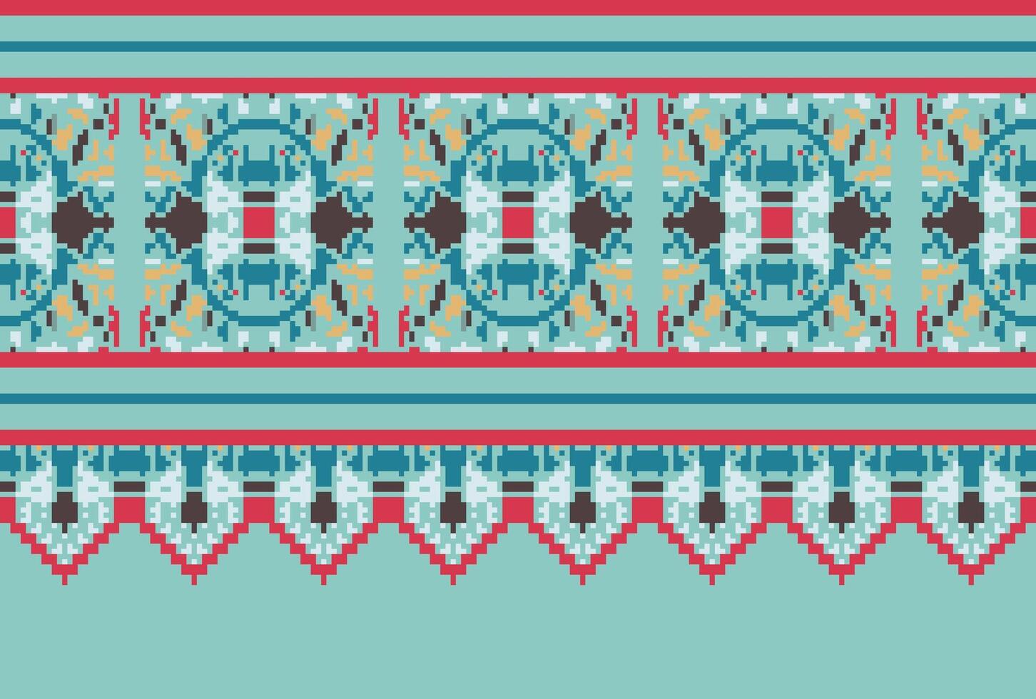 Cross Stitch pattern with Floral Designs. Traditional cross stitch needlework. Geometric Ethnic pattern, Embroidery, Textile ornamentation, fabric, Hand stitched pattern, Cultural stitching pixel art. vector