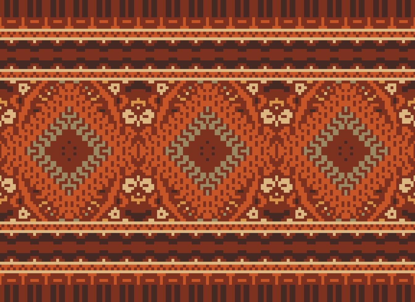 Pixel Cross Stitch Traditional Ethnic Pattern Paisley Flower Ikat Background Abstract Aztec African Indonesian Indian Seamless Pattern for Fabric Print Cloth Dress Carpet Curtains and Sarong vector