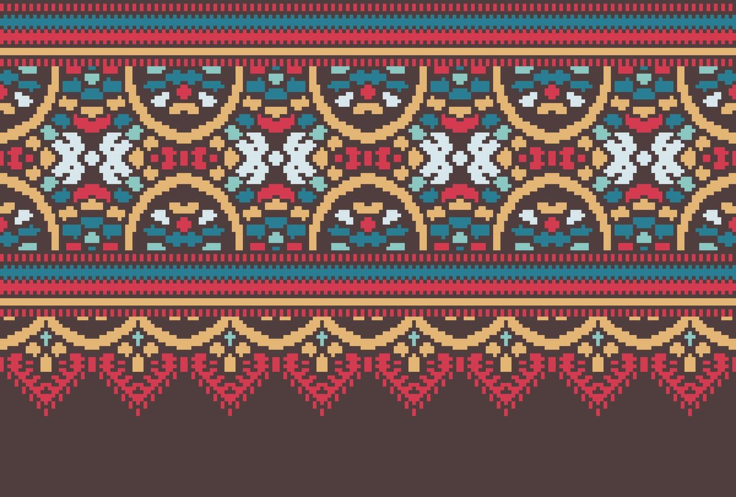 Cross Stitch pattern with Floral Designs. Traditional cross stitch needlework. Geometric Ethnic pattern, Embroidery, Textile ornamentation, fabric, Hand stitched pattern, Cultural stitching pixel art. vector