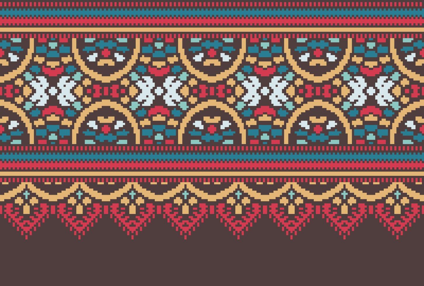 Cross Stitch pattern with Floral Designs. Traditional cross stitch needlework. Geometric Ethnic pattern, Embroidery, Textile ornamentation, fabric, Hand stitched pattern, Cultural stitching pixel art. vector