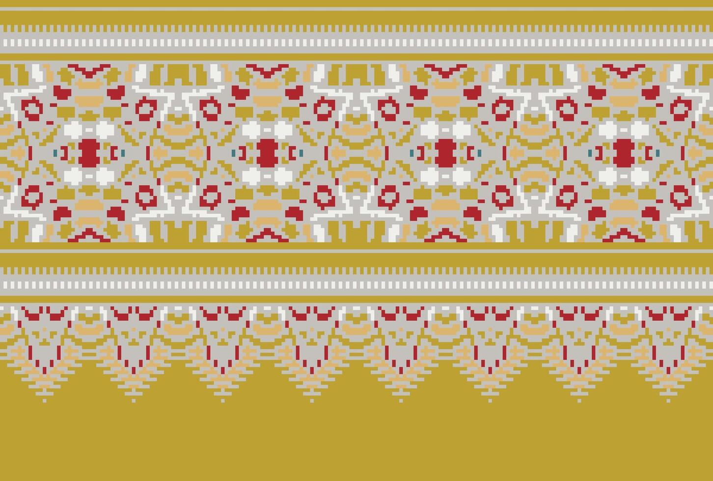 Pixel Cross Stitch pattern with Floral Designs. Traditional cross stitch needlework. Geometric Ethnic pattern, Embroidery, Textile ornamentation, fabric, Hand stitched pattern, Cultural stitching vector