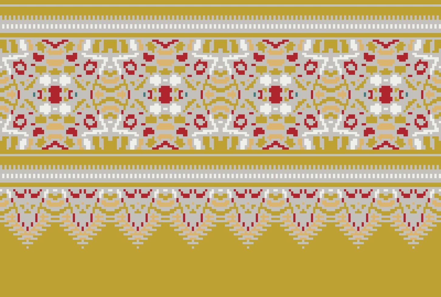 Pixel Cross Stitch pattern with Floral Designs. Traditional cross stitch needlework. Geometric Ethnic pattern, Embroidery, Textile ornamentation, fabric, Hand stitched pattern, Cultural stitching vector