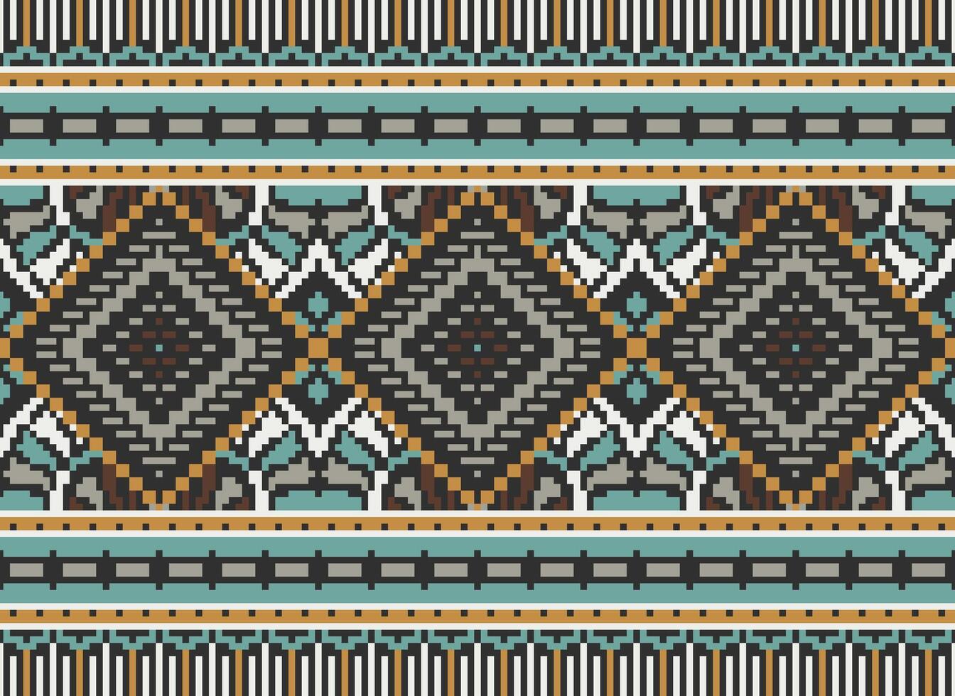 Pixel Cross Stitch Traditional Ethnic Pattern Paisley Flower Ikat Background Abstract Aztec African Indonesian Indian Seamless Pattern for Fabric Print Cloth Dress Carpet Curtains and Sarong vector