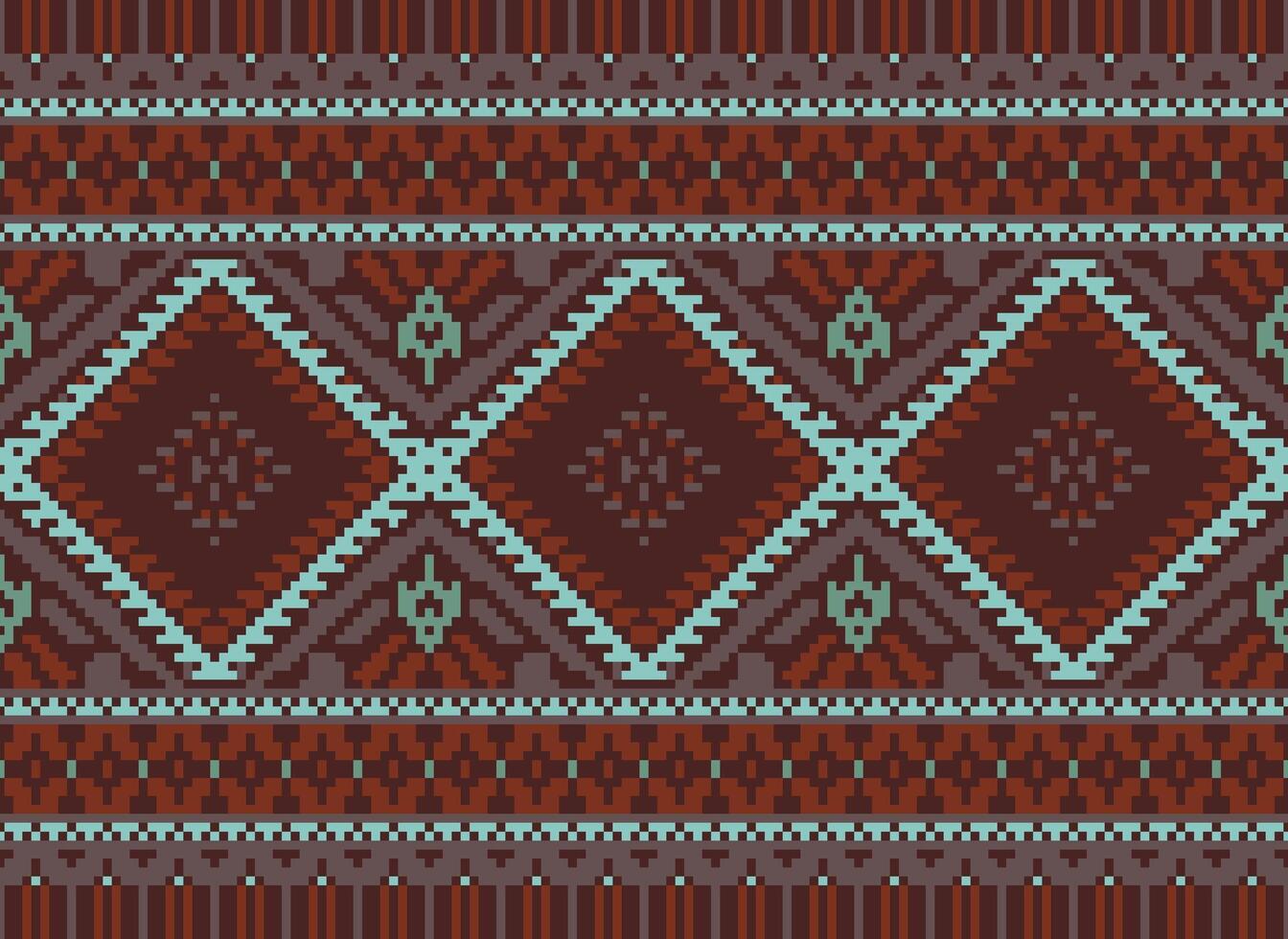 Pixel Cross Stitch Traditional Ethnic Pattern Paisley Flower Ikat Background Abstract Aztec African Indonesian Indian Seamless Pattern for Fabric Print Cloth Dress Carpet Curtains and Sarong vector
