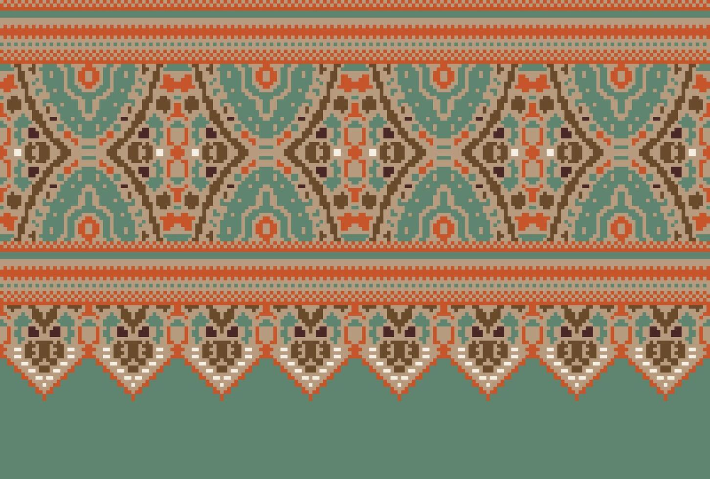Pixel Cross Stitch pattern with Floral Designs. Traditional cross stitch needlework. Geometric Ethnic pattern, Embroidery, Textile ornamentation, fabric, Hand stitched pattern, Cultural stitching vector