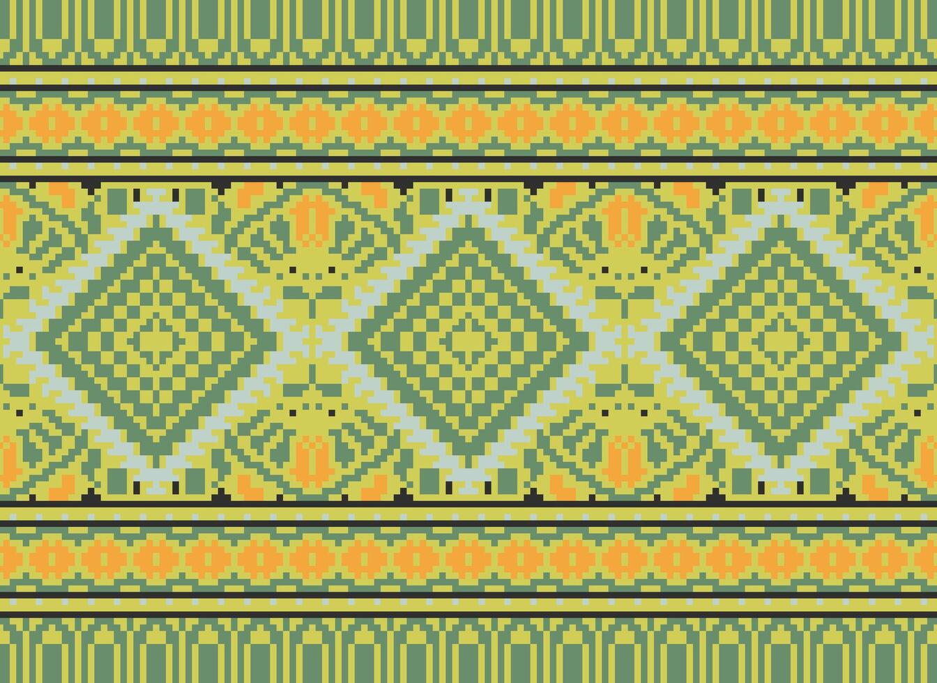 Pixel Cross Stitch Traditional Ethnic Pattern Paisley Flower Ikat Background Abstract Aztec African Indonesian Indian Seamless Pattern for Fabric Print Cloth Dress Carpet Curtains and Sarong vector