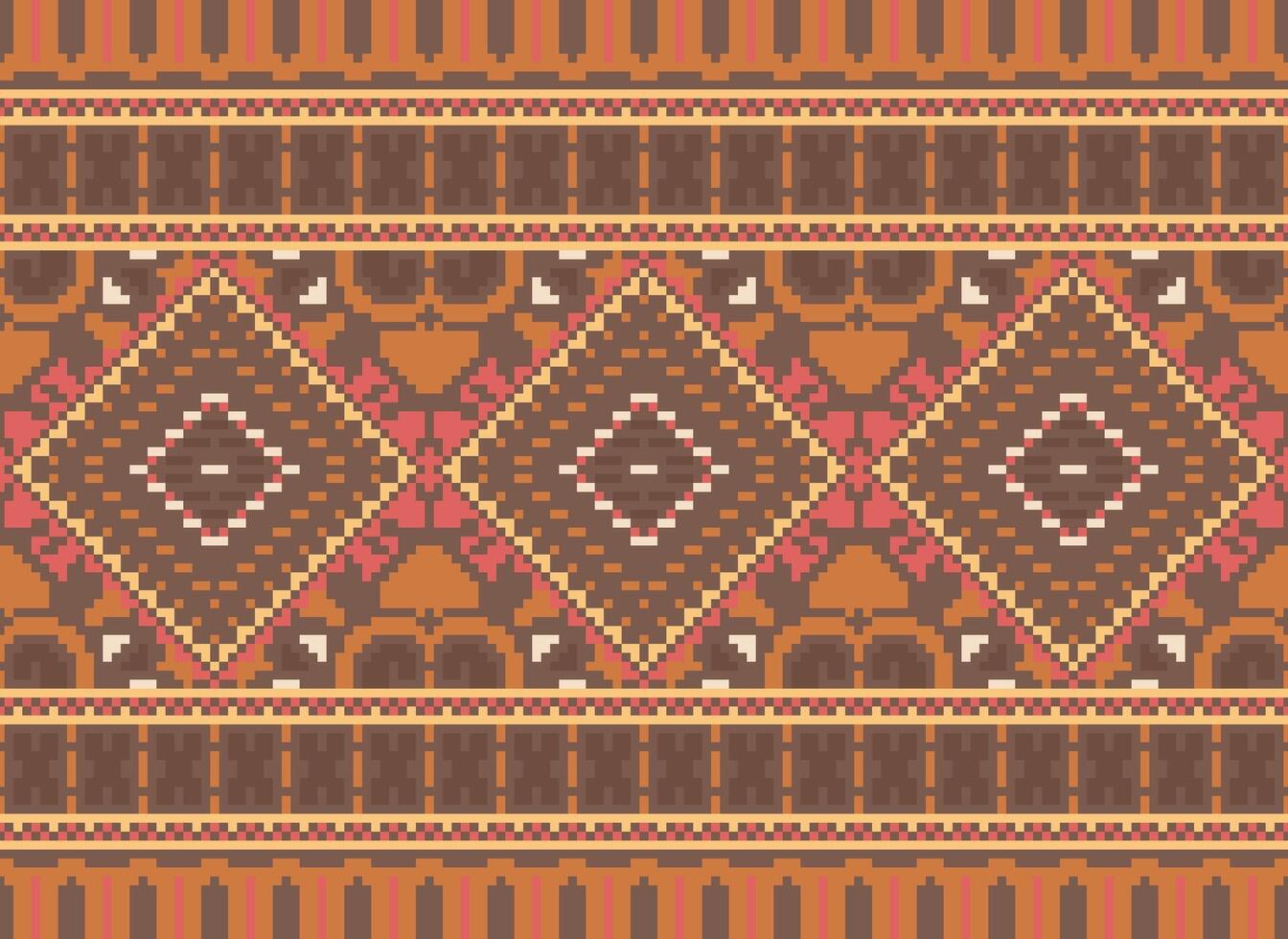 Pixel Cross Stitch Traditional Ethnic Pattern Paisley Flower Ikat Background Abstract Aztec African Indonesian Indian Seamless Pattern for Fabric Print Cloth Dress Carpet Curtains and Sarong vector
