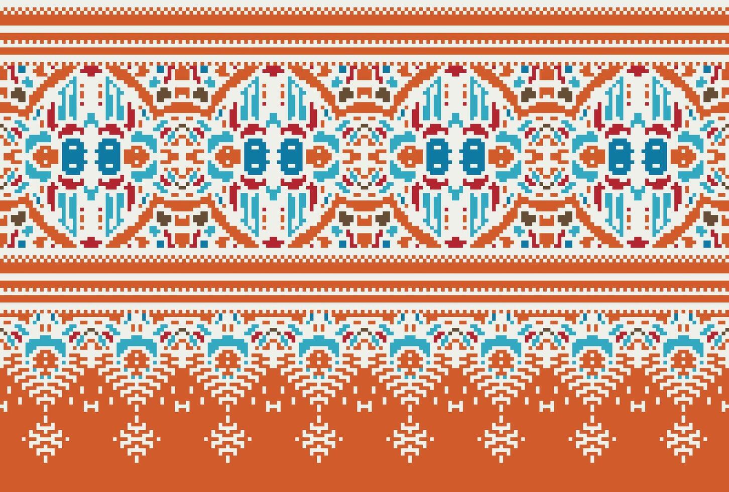 Cross Stitch pattern with Floral Designs. Traditional cross stitch needlework. Geometric Ethnic pattern, Embroidery, Textile ornamentation, fabric, Hand stitched pattern, Cultural stitching pixel art. vector
