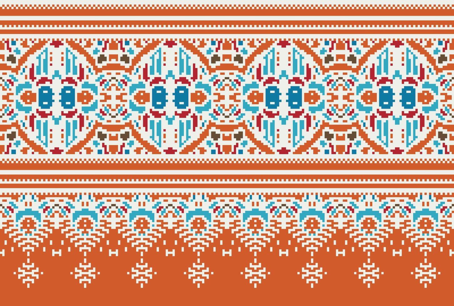 Cross Stitch pattern with Floral Designs. Traditional cross stitch needlework. Geometric Ethnic pattern, Embroidery, Textile ornamentation, fabric, Hand stitched pattern, Cultural stitching pixel art. vector