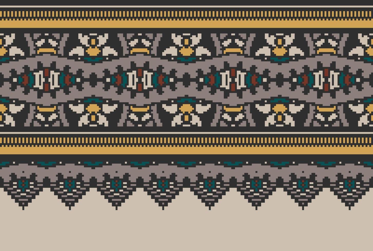 Pixel Cross Stitch pattern with Floral Designs. Traditional cross stitch needlework. Geometric Ethnic pattern, Embroidery, Textile ornamentation, fabric, Hand stitched pattern, Cultural stitching vector