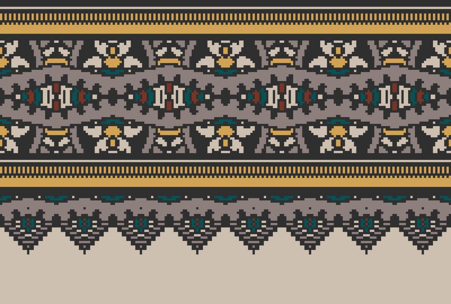 Pixel Cross Stitch pattern with Floral Designs. Traditional cross stitch needlework. Geometric Ethnic pattern, Embroidery, Textile ornamentation, fabric, Hand stitched pattern, Cultural stitching vector