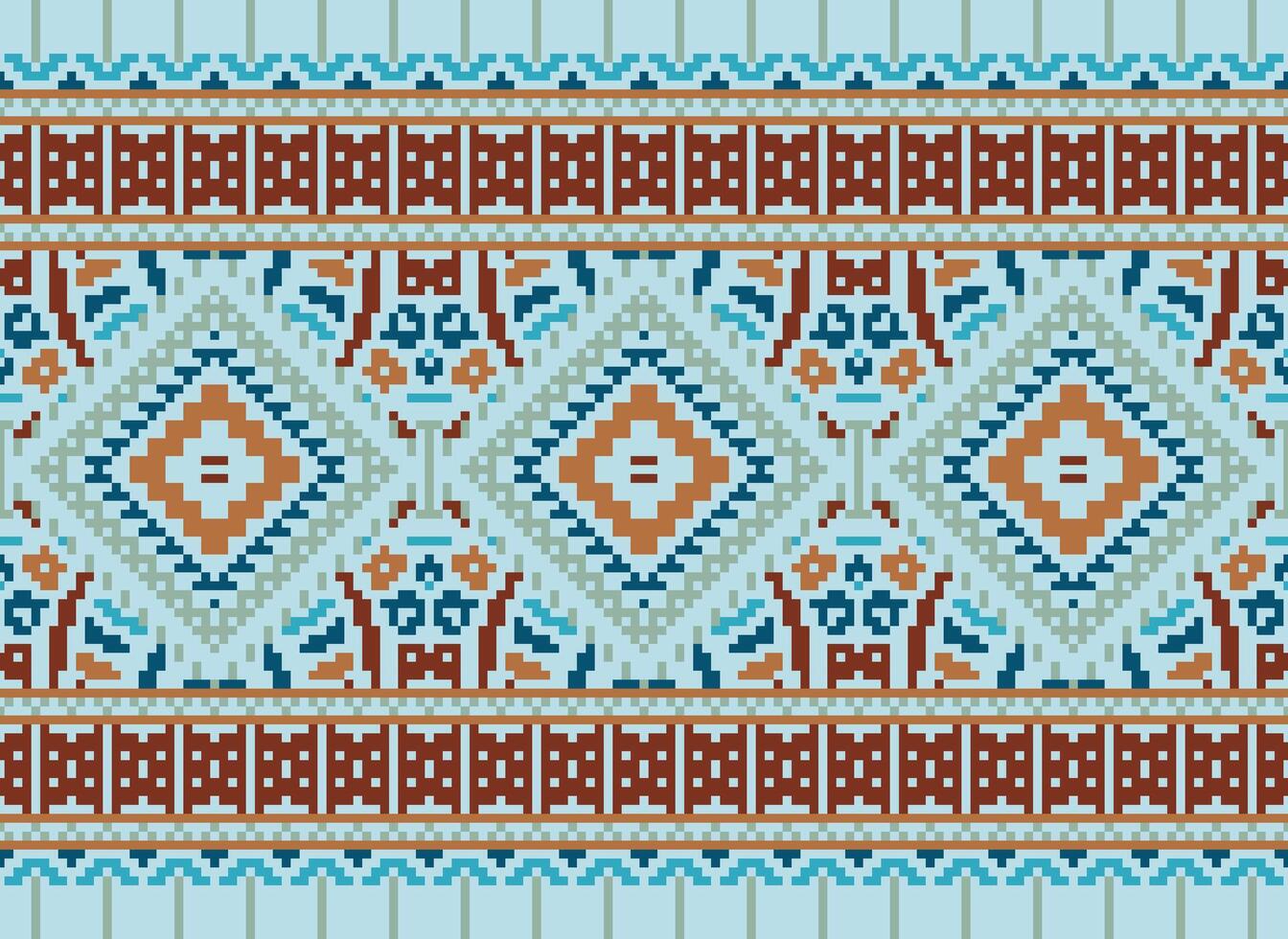 Pixel Cross Stitch Traditional Ethnic Pattern Paisley Flower Ikat Background Abstract Aztec African Indonesian Indian Seamless Pattern for Fabric Print Cloth Dress Carpet Curtains and Sarong vector