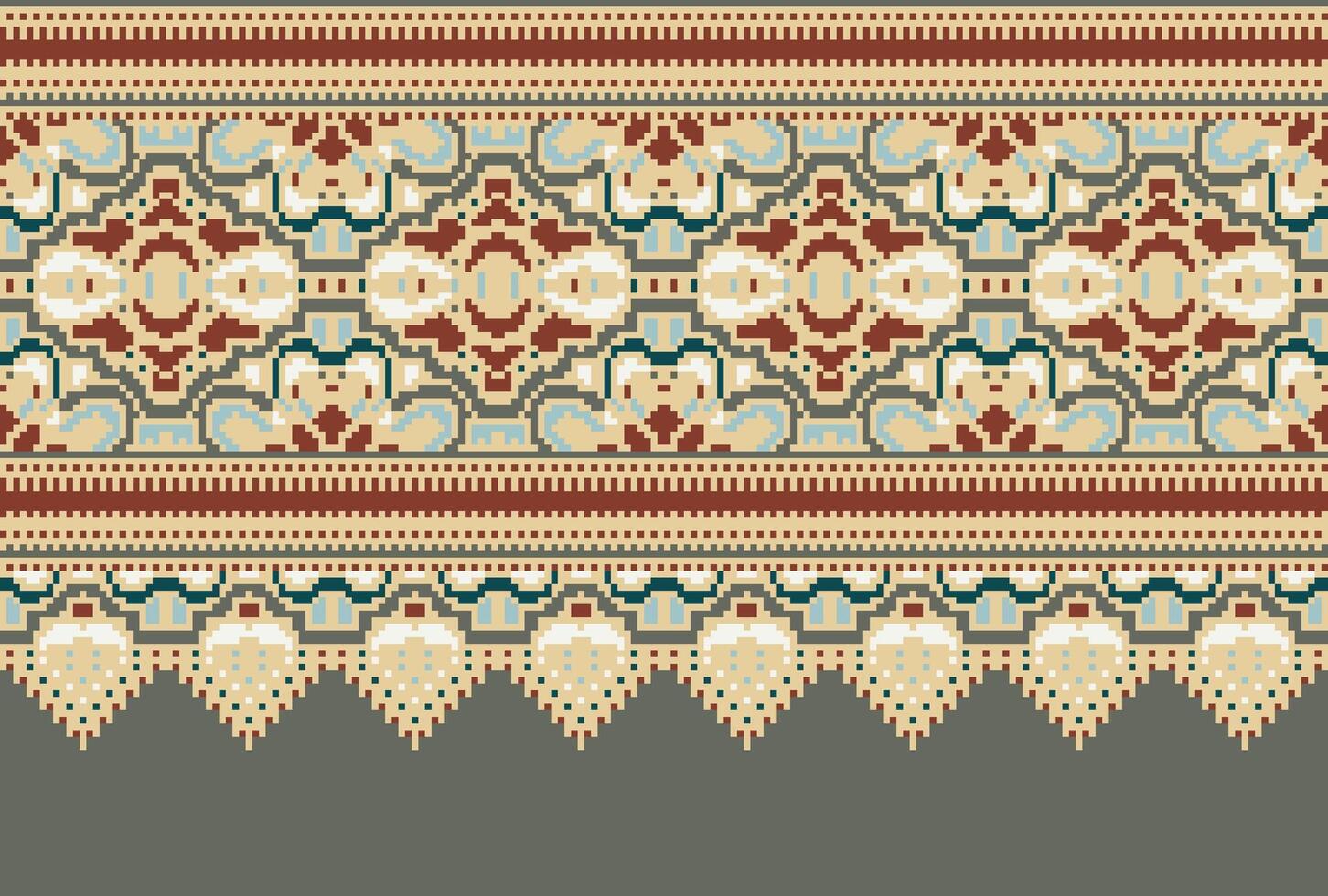 Pixel Cross Stitch pattern with Floral Designs. Traditional cross stitch needlework. Geometric Ethnic pattern, Embroidery, Textile ornamentation, fabric, Hand stitched pattern, Cultural stitching vector