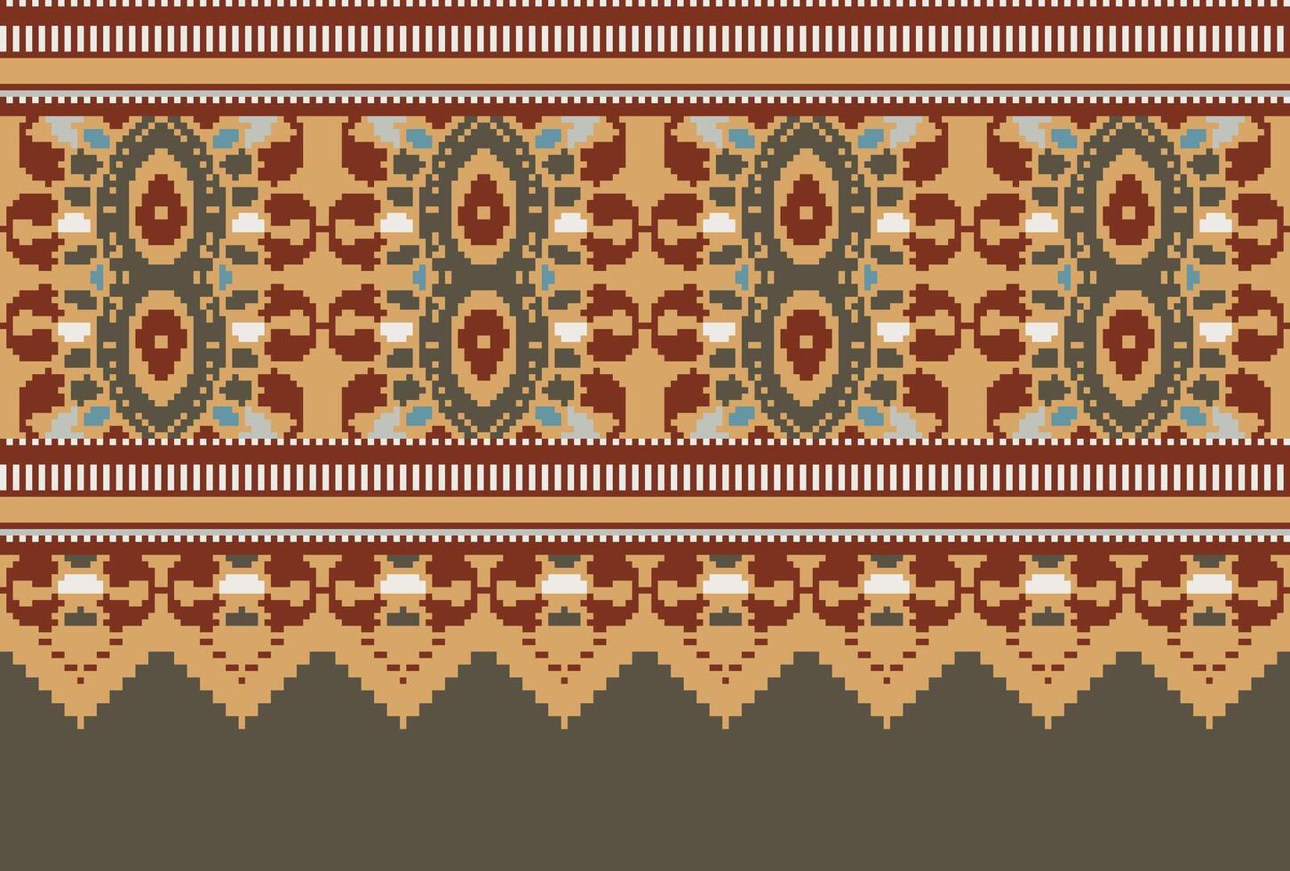 Pixel Cross Stitch pattern with Floral Designs. Traditional cross stitch needlework. Geometric Ethnic pattern, Embroidery, Textile ornamentation, fabric, Hand stitched pattern, Cultural stitching vector