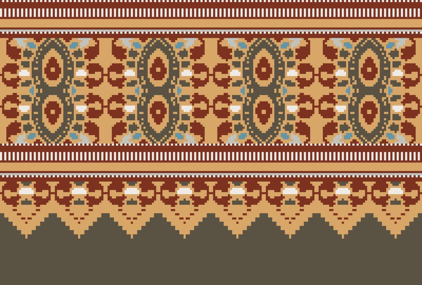 Pixel Cross Stitch pattern with Floral Designs. Traditional cross stitch needlework. Geometric Ethnic pattern, Embroidery, Textile ornamentation, fabric, Hand stitched pattern, Cultural stitching vector