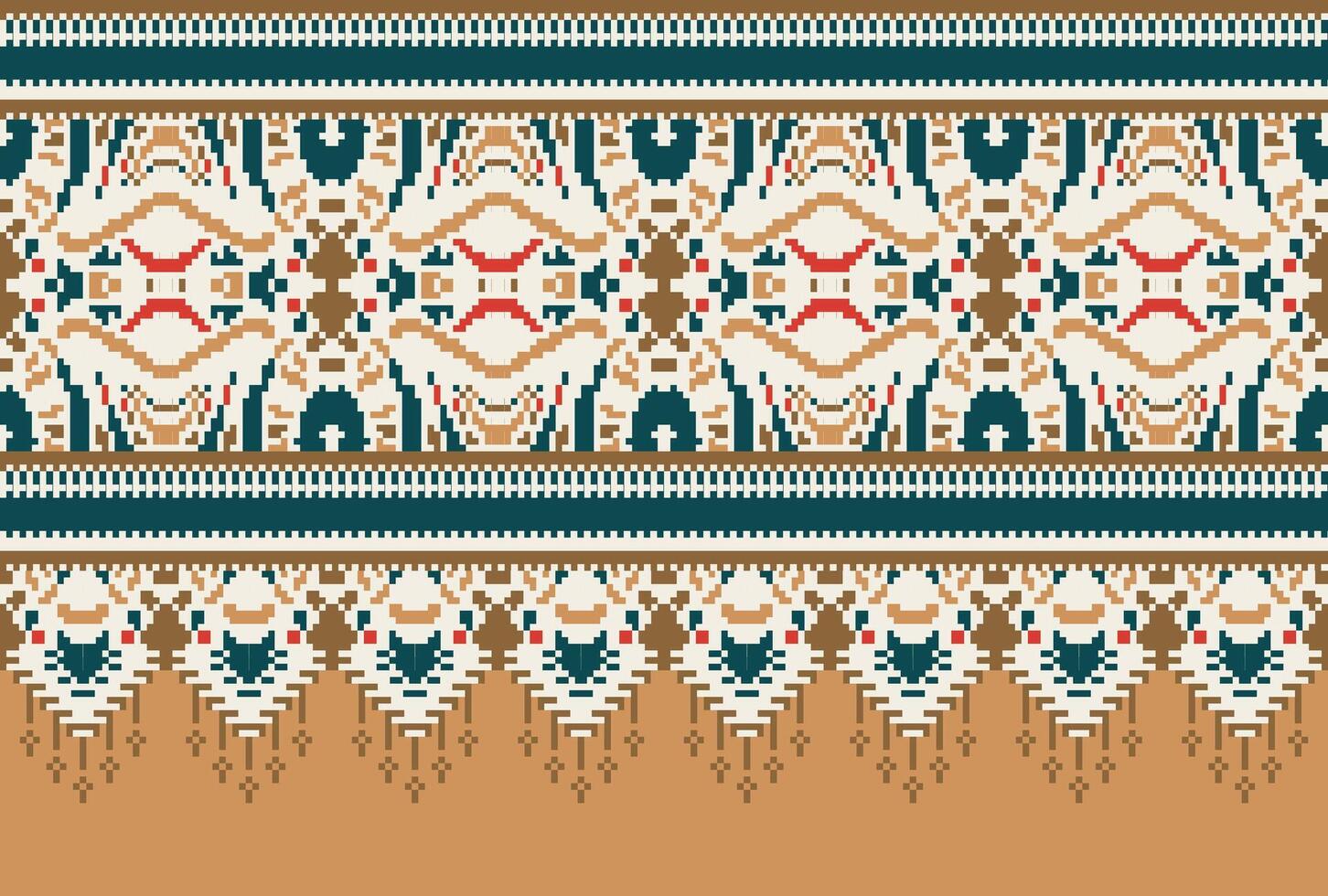 Pixel Cross Stitch Traditional Ethnic Pattern Paisley Flower Ikat Background Abstract Aztec African Indonesian Indian Seamless Pattern for Fabric Print Cloth Dress Carpet Curtains and Sarong vector