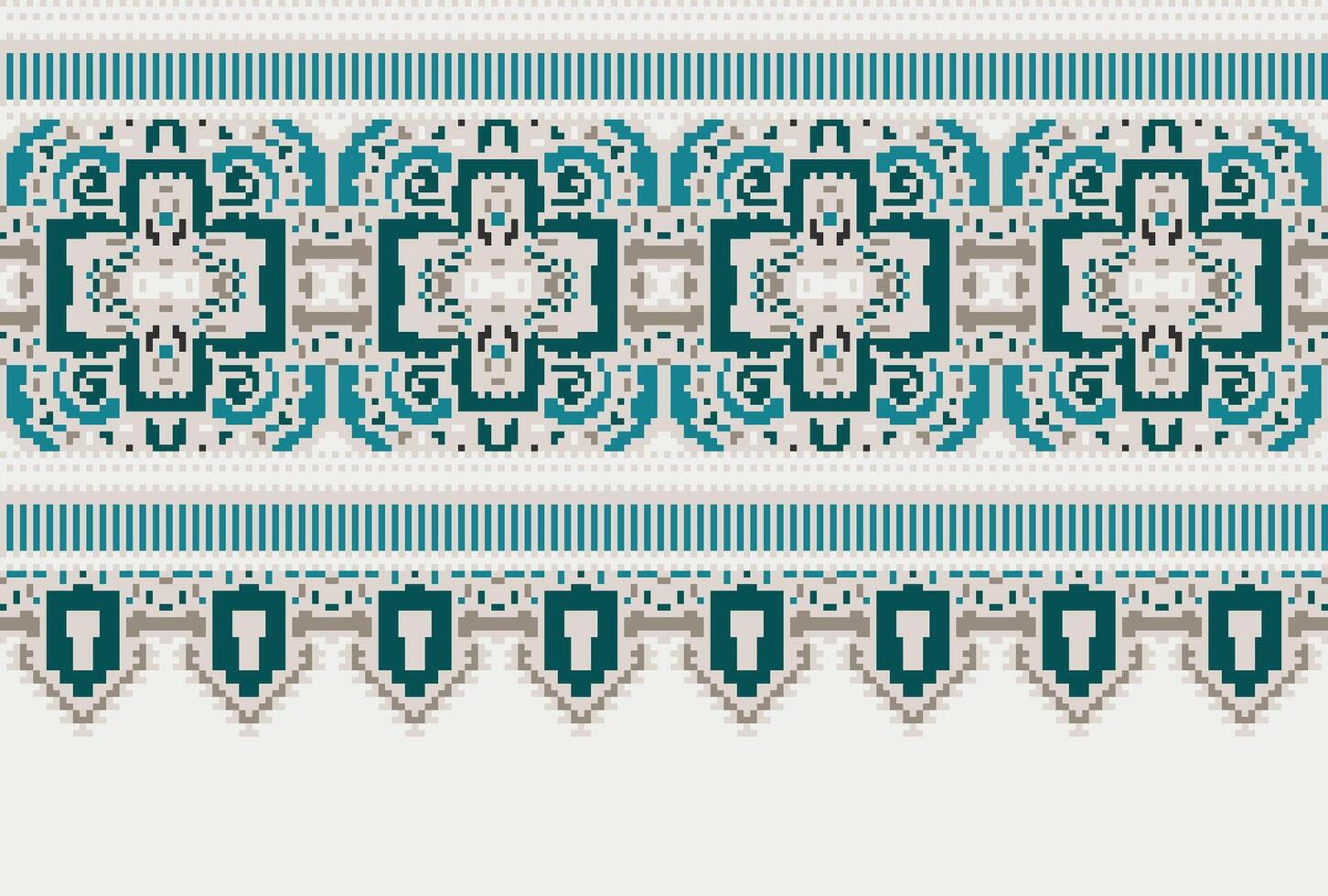 Cross Stitch pattern with Floral Designs. Traditional cross stitch needlework. Geometric Ethnic pattern, Embroidery, Textile ornamentation, fabric, Hand stitched pattern, Cultural stitching pixel art. vector