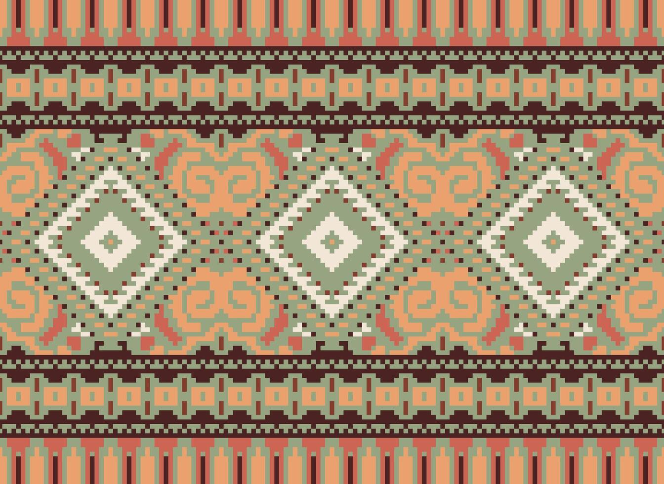 Pixel Cross Stitch Traditional Ethnic Pattern Paisley Flower Ikat Background Abstract Aztec African Indonesian Indian Seamless Pattern for Fabric Print Cloth Dress Carpet Curtains and Sarong vector
